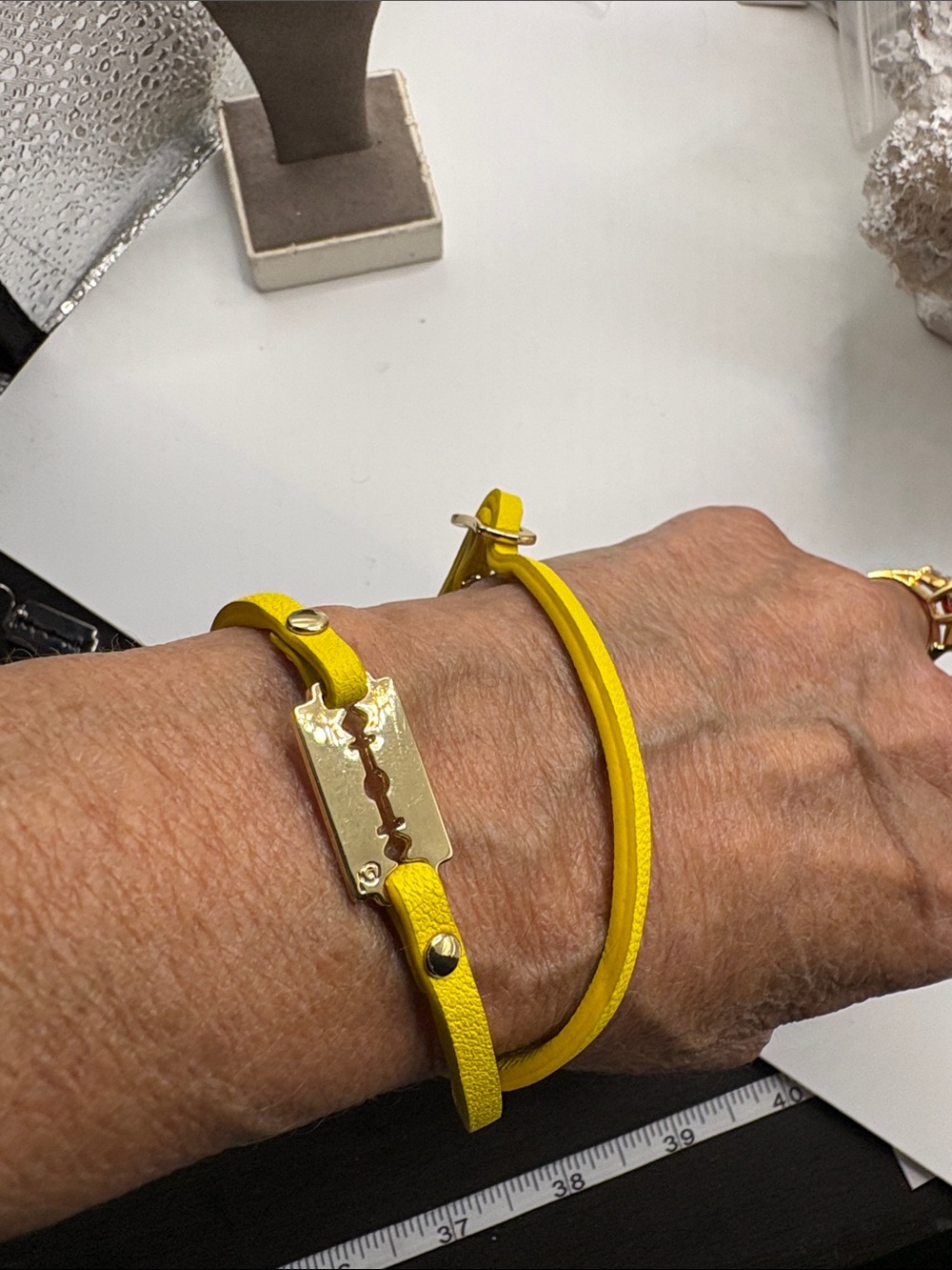 Alexander McQueen Yellow Double-Wrap Gold Razor Blade Leather Bracelet